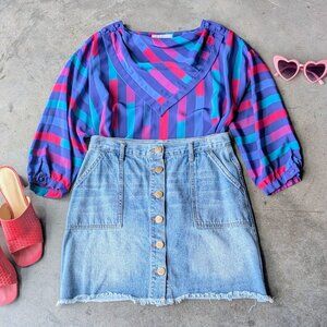 Vintage Prophecy Blue Pink Red Teal Patterned Scarf Neckline Blouse